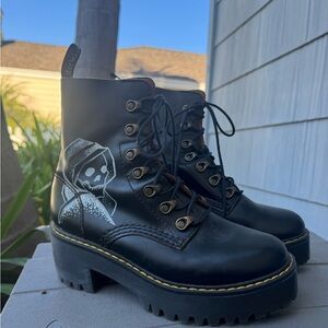 Dr. Martens Black Leather Combat Boots with Skull Design